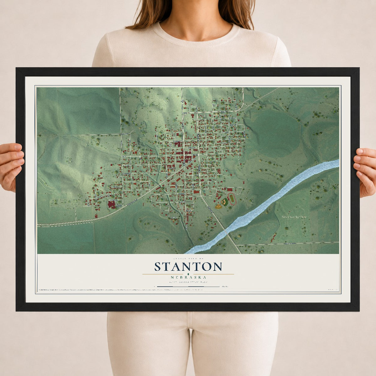 Map of Stanton, Nebraska, 18 x 24 inch print in a black wood frame