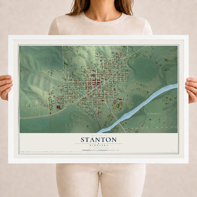 Map of Stanton, Nebraska, 18 x 24 inch print in a white wood frame