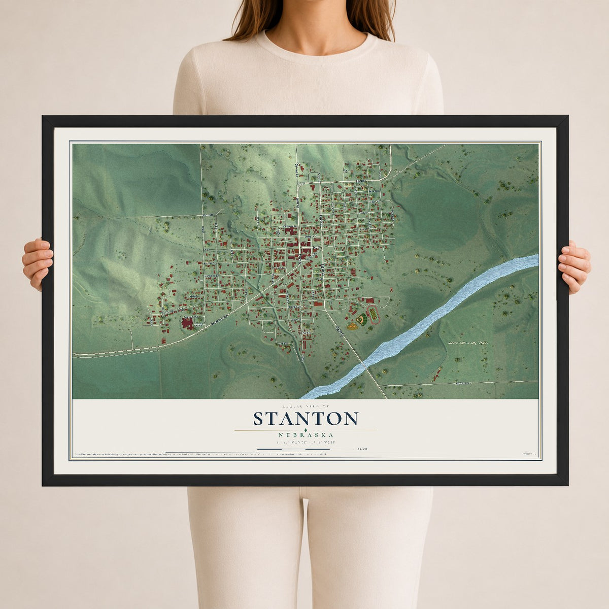 Map of Stanton, Nebraska, 24 x 36 inch print in a black wood frame