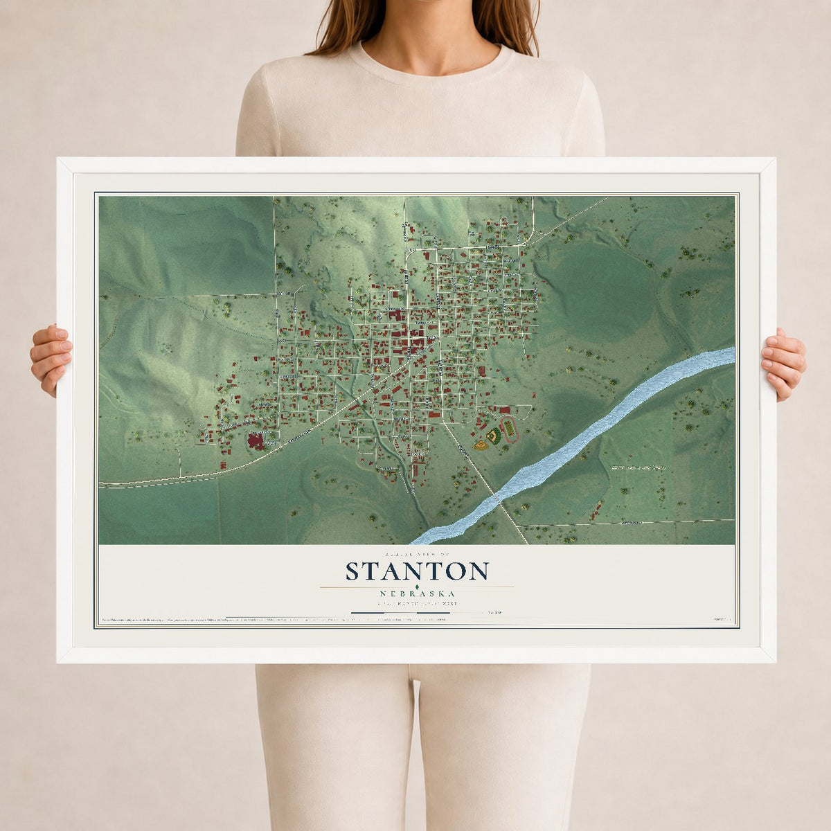 Map of Stanton, Nebraska, 24 x 36 inch print in a white wood frame