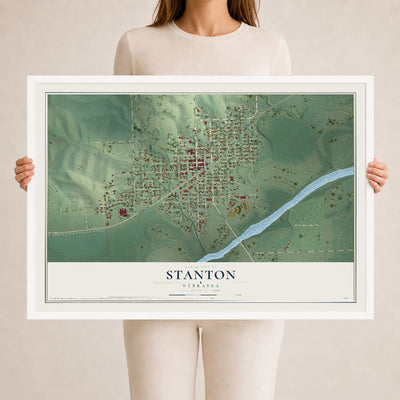 Map of Stanton, Nebraska, 24 x 36 inch print in a white wood frame