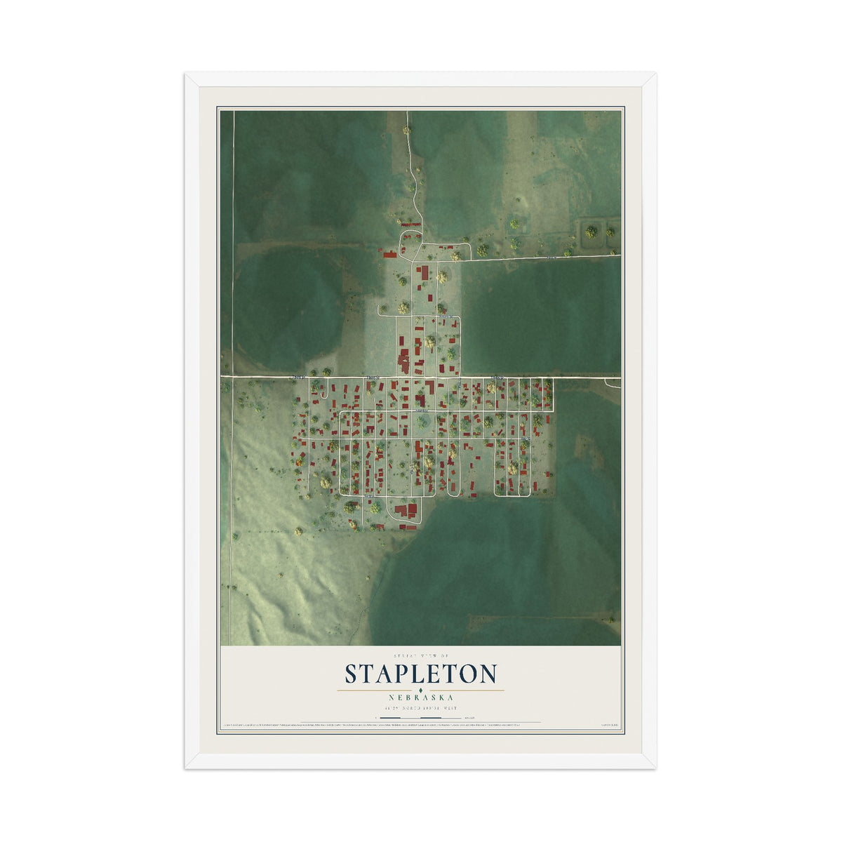 Map of Stapleton, Nebraska, 12 x 18 inch print in a white wood frame