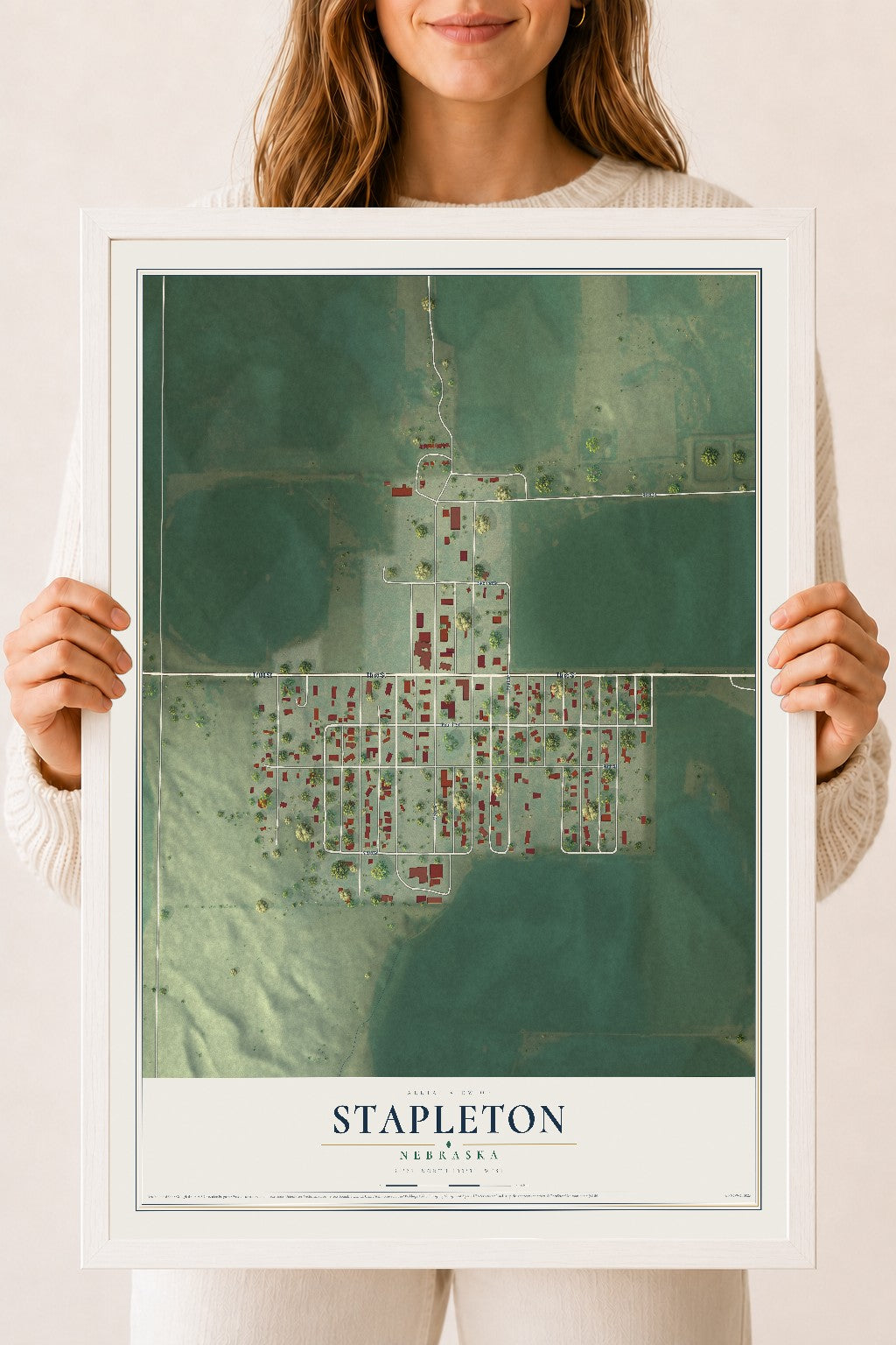 Map of Stapleton, Nebraska, 18 x 24 inch print in a white wood frame