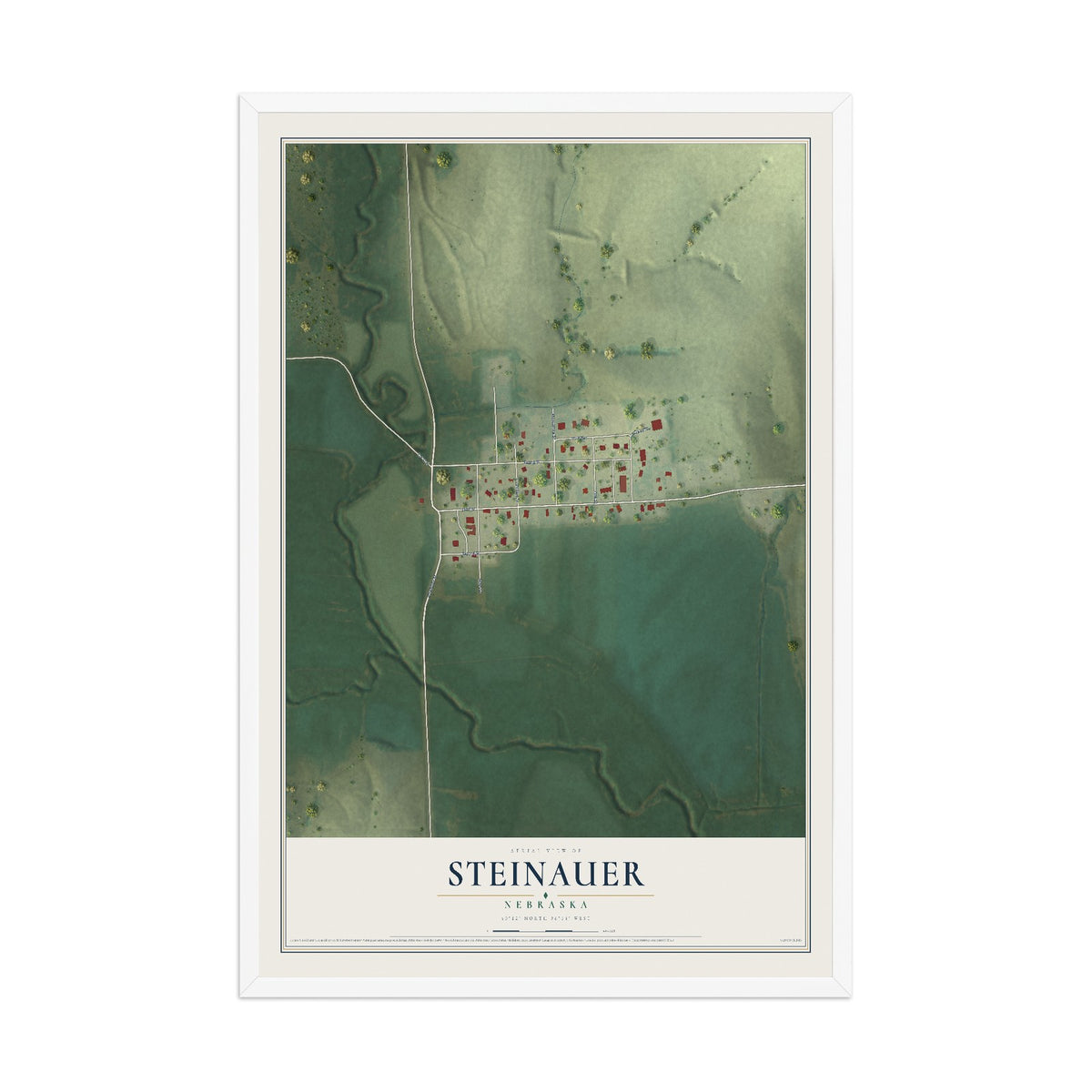 Map of Steinauer, Nebraska, 12 x 18 inch print in a white wood frame