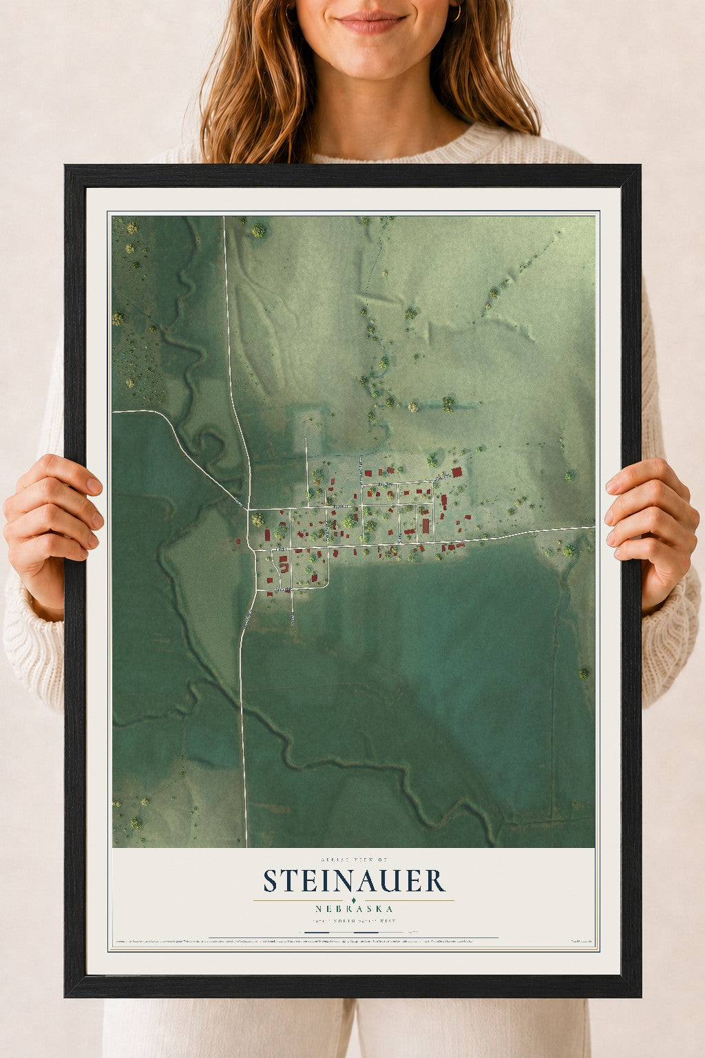 Map of Steinauer, Nebraska, 18 x 24 inch print in a black wood frame