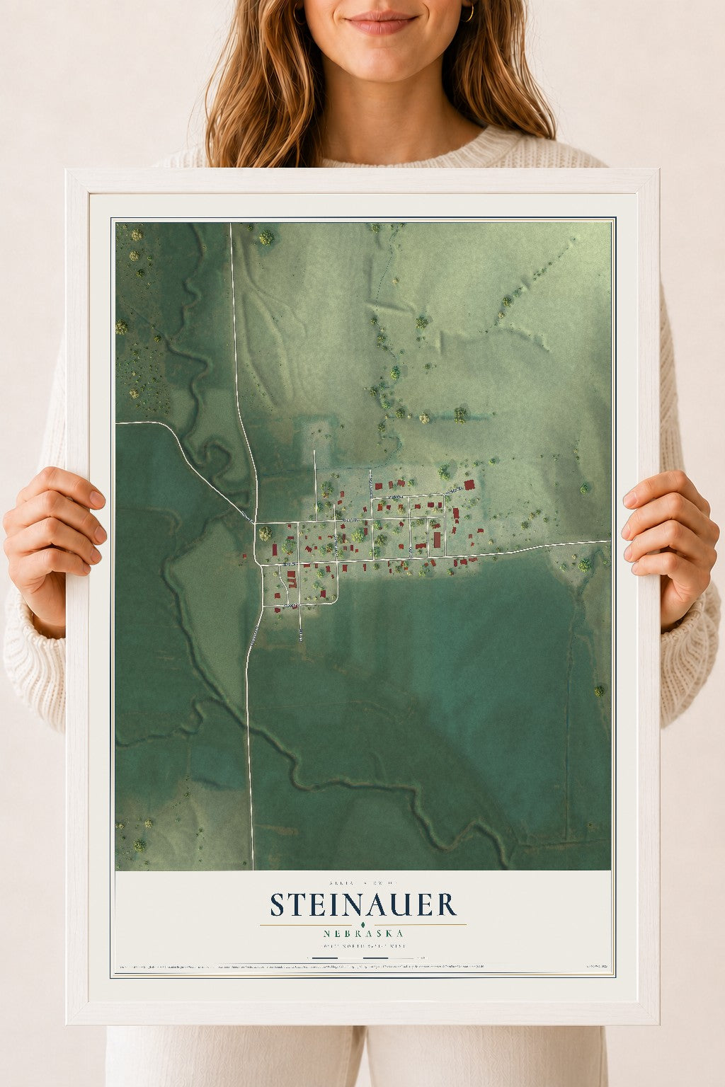 Map of Steinauer, Nebraska, 18 x 24 inch print in a white wood frame