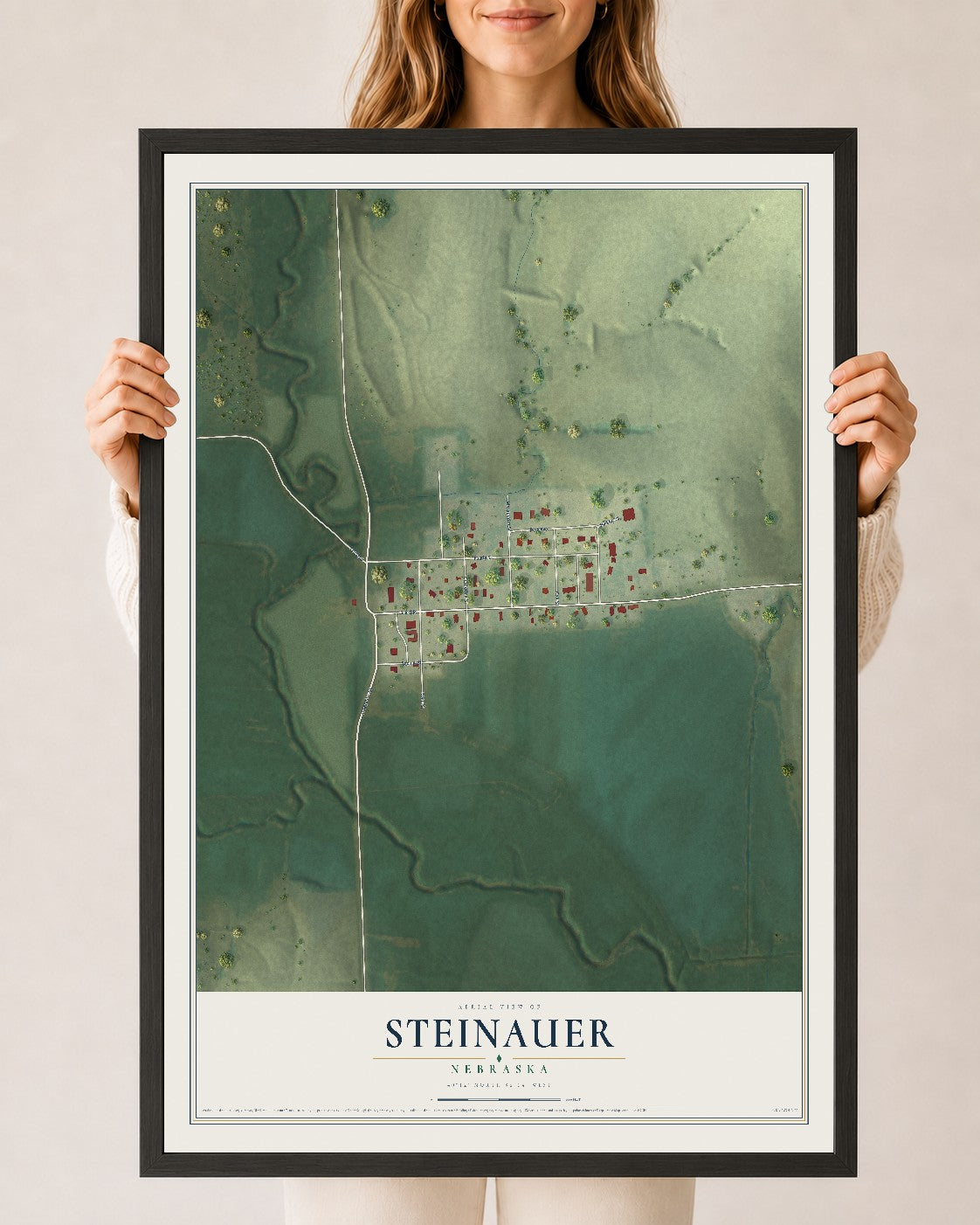 Map of Steinauer, Nebraska, 24 x 36 inch print in a black wood frame