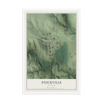 Map of Stockville, Nebraska, 12 x 18 inch print in a white wood frame