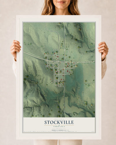 Map of Stockville, Nebraska, 24 x 36 inch print in a white wood frame