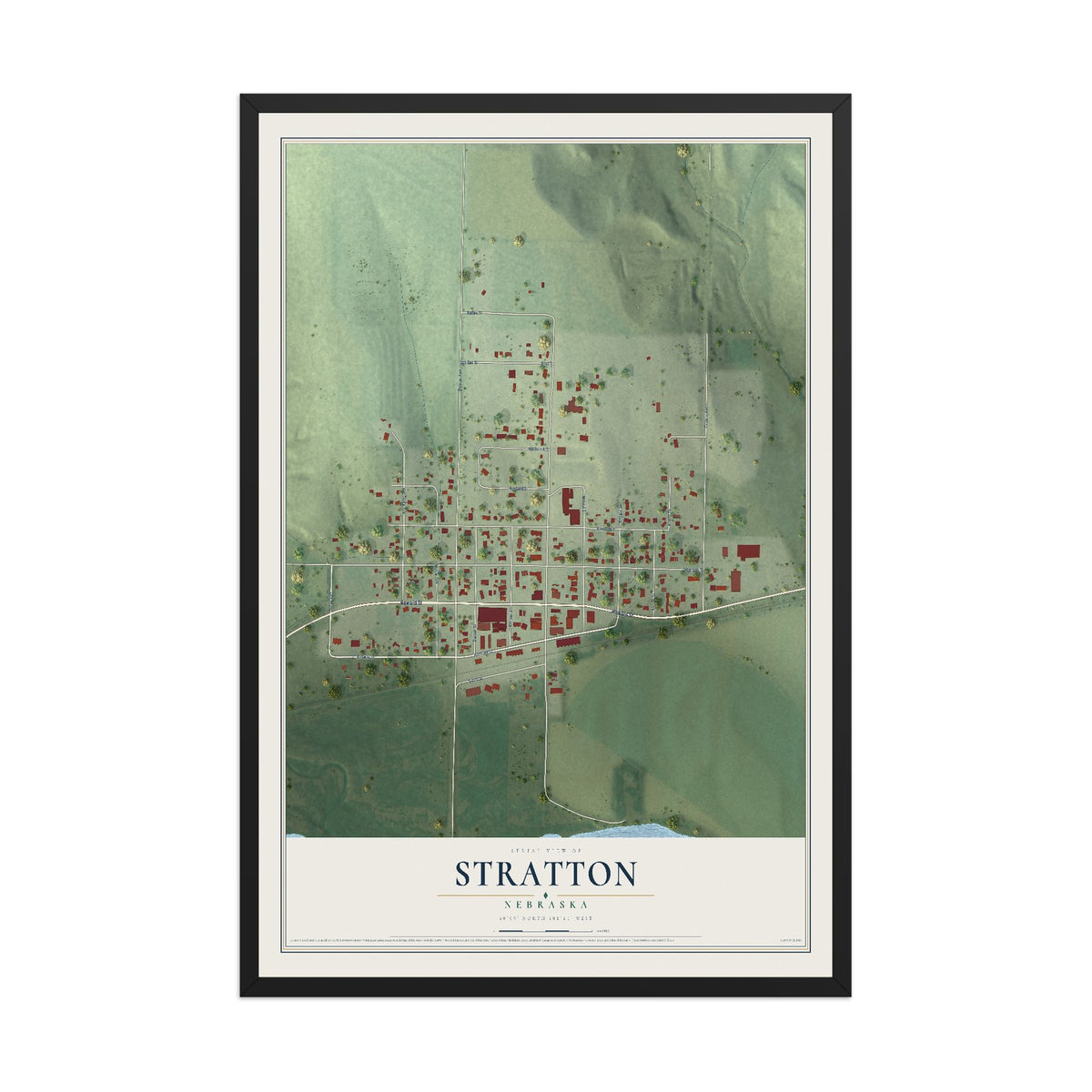 Map of Stratton, Nebraska, 12 x 18 inch print in a black wood frame