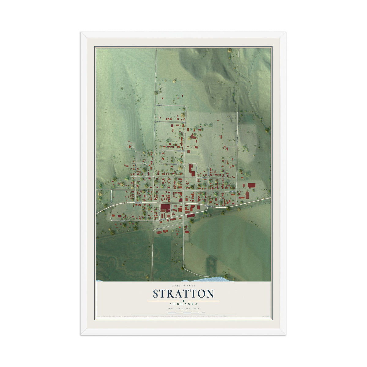 Map of Stratton, Nebraska, 12 x 18 inch print in a white wood frame