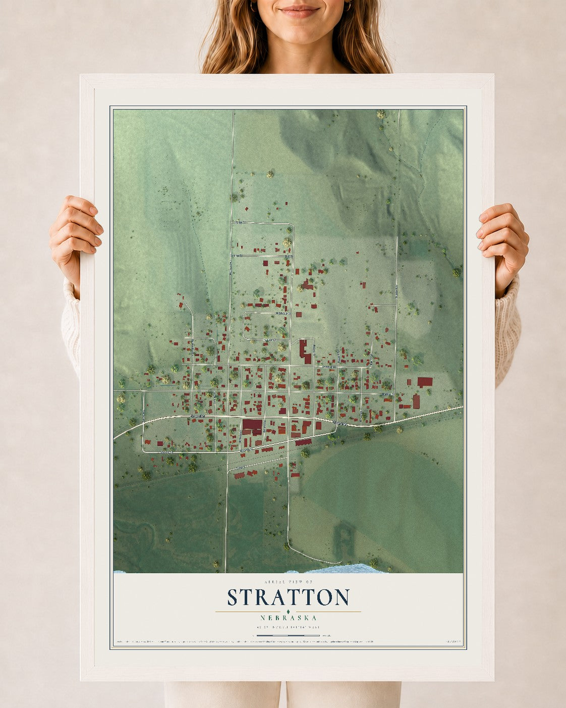 Map of Stratton, Nebraska, 24 x 36 inch print in a white wood frame