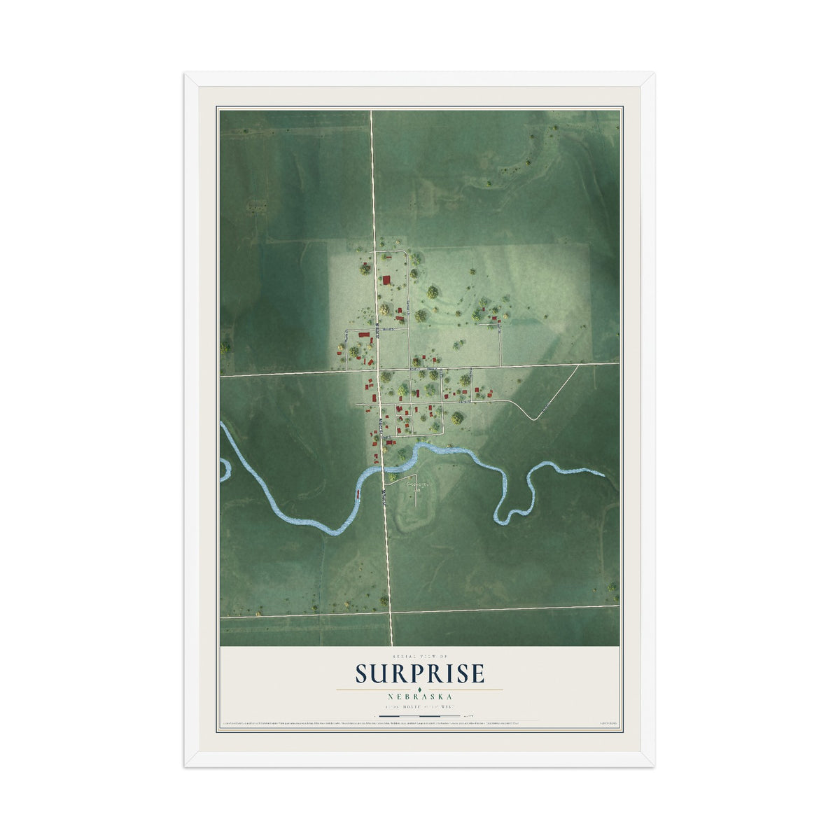 Map of Surprise, Nebraska, 12 x 18 inch print in a white wood frame
