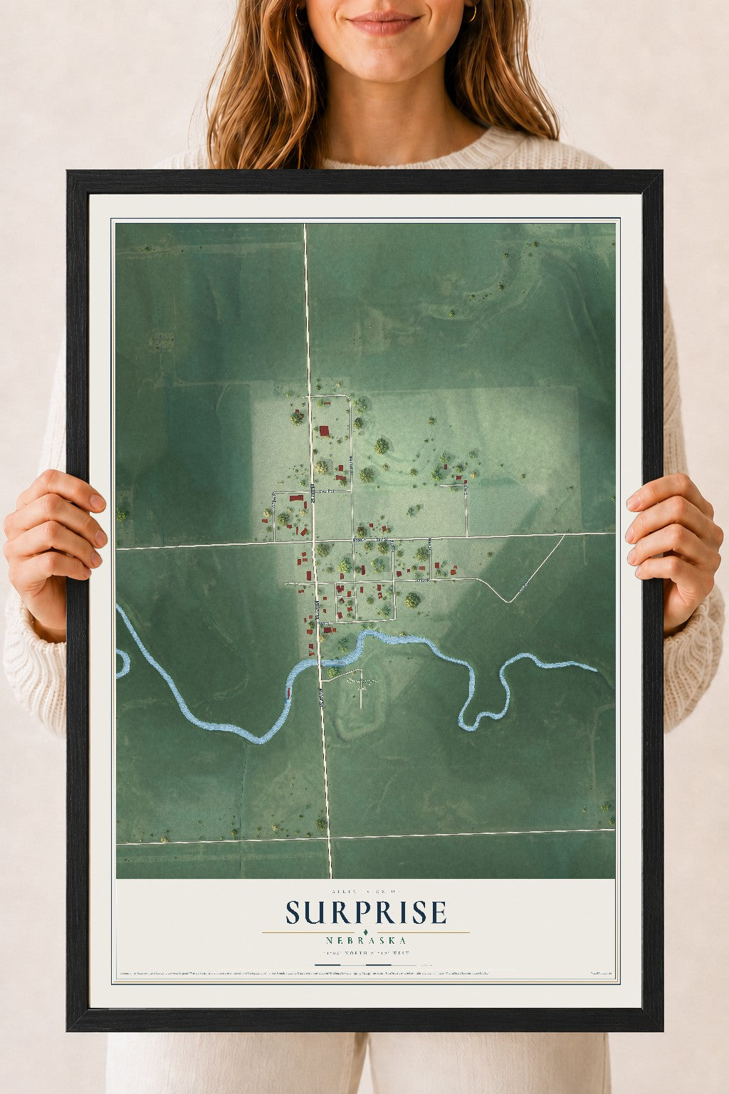 Map of Surprise, Nebraska, 18 x 24 inch print in a black wood frame