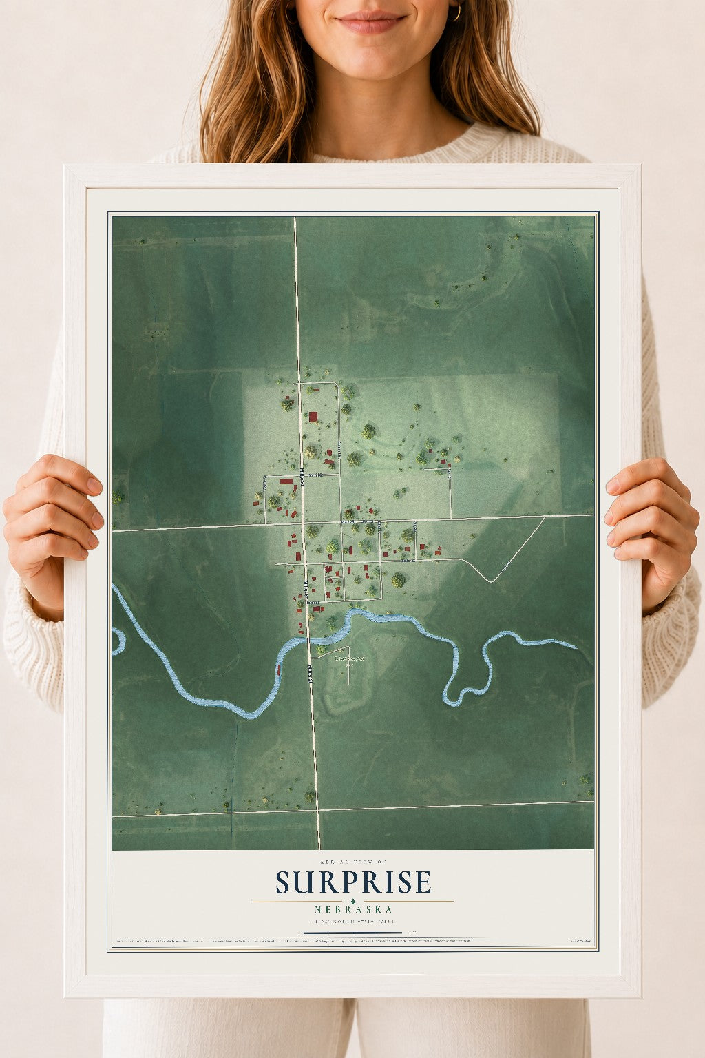 Map of Surprise, Nebraska, 18 x 24 inch print in a white wood frame