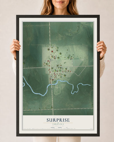 Map of Surprise, Nebraska, 24 x 36 inch print in a black wood frame