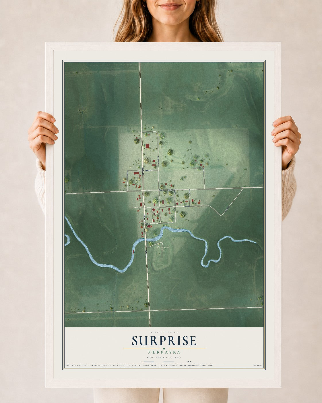 Map of Surprise, Nebraska, 24 x 36 inch print in a white wood frame