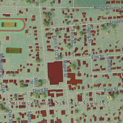 Close-up of the map of Sutherland, Nebraska print showing street and building detail