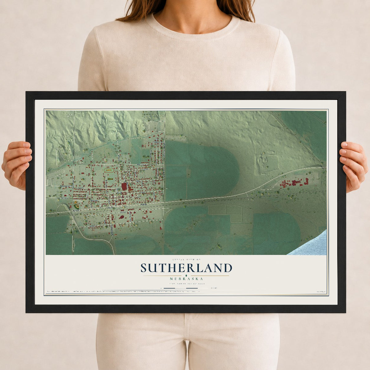 Map of Sutherland, Nebraska, 12 x 18 inch print in a black wood frame