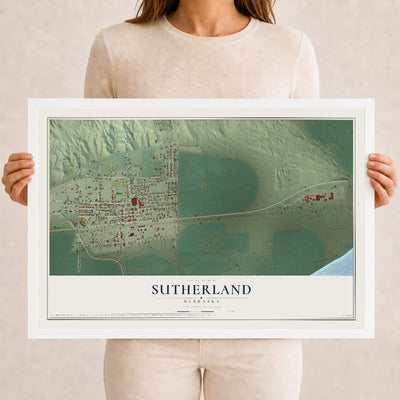 Map of Sutherland, Nebraska, 12 x 18 inch print in a white wood frame