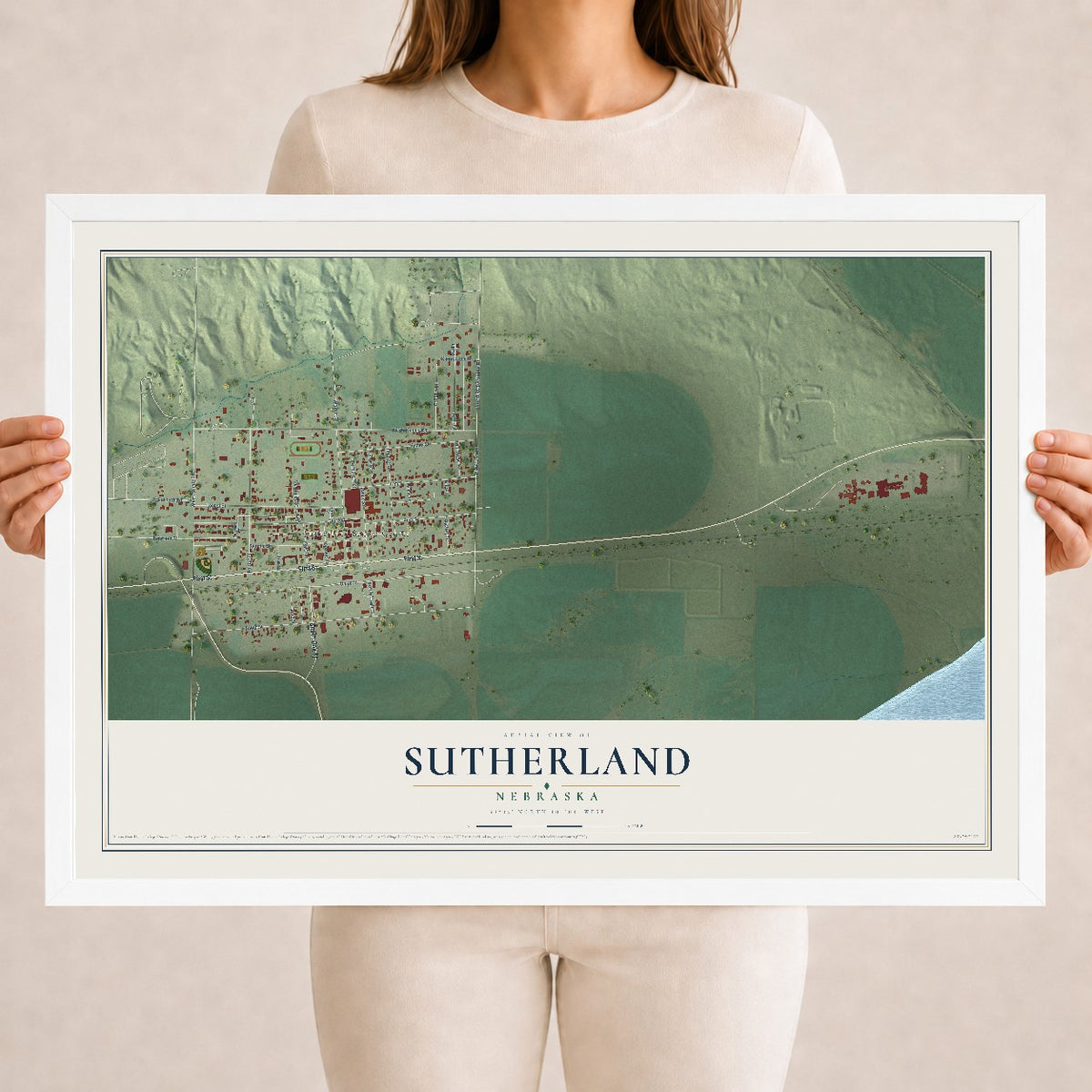 Map of Sutherland, Nebraska, 18 x 24 inch print in a white wood frame