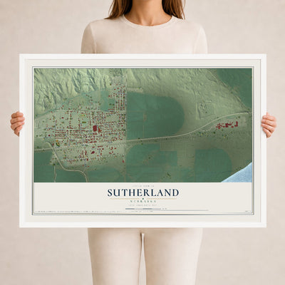 Map of Sutherland, Nebraska, 24 x 36 inch print in a white wood frame
