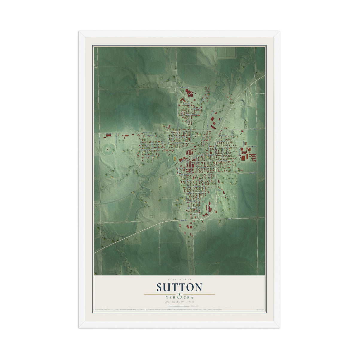 Map of Sutton, Nebraska, 12 x 18 inch print in a white wood frame