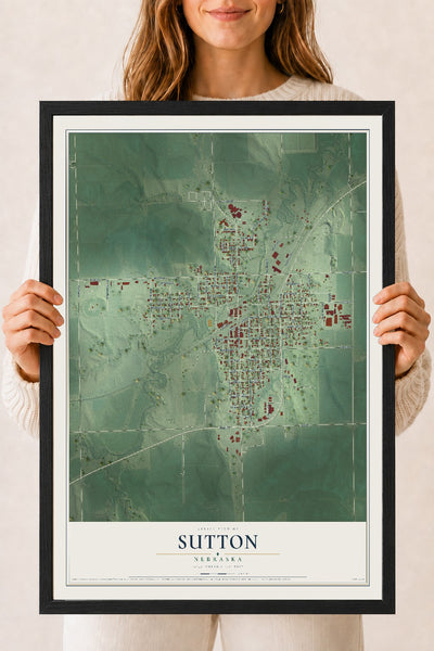 Map of Sutton, Nebraska, 18 x 24 inch print in a black wood frame
