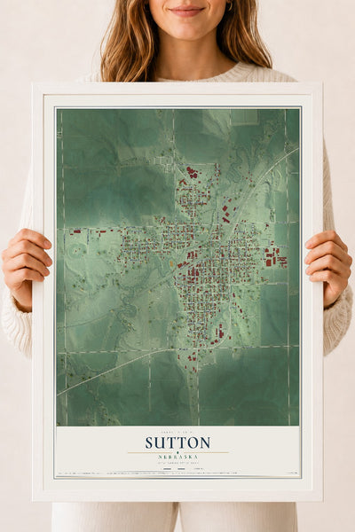 Map of Sutton, Nebraska, 18 x 24 inch print in a white wood frame