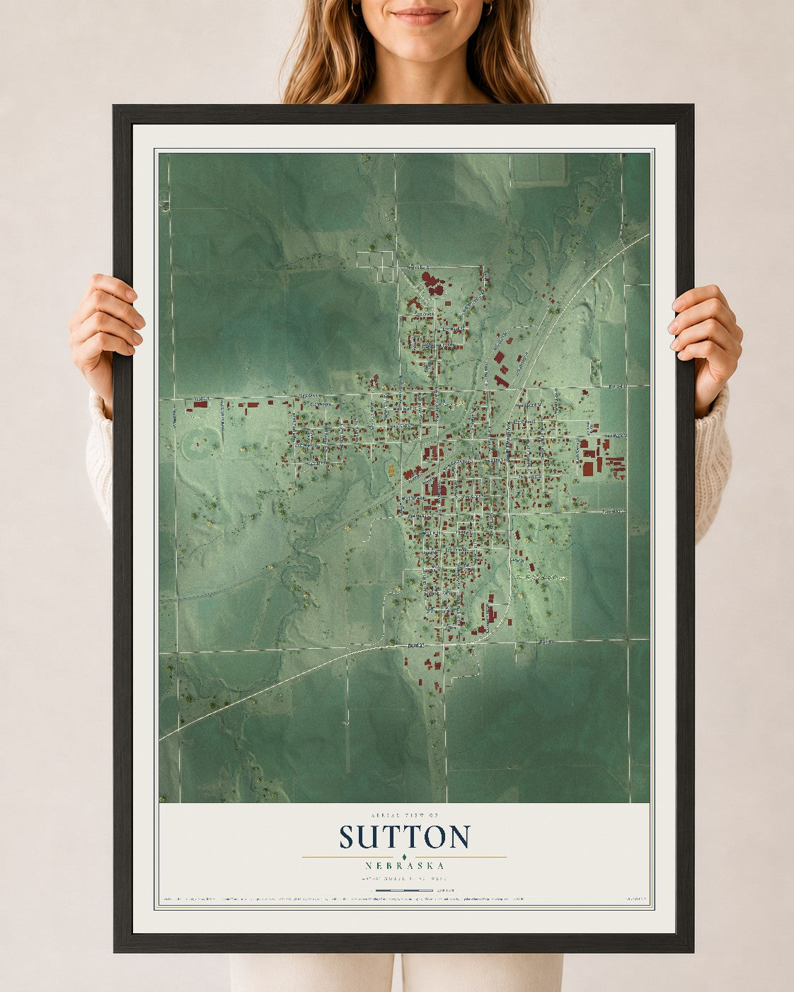Map of Sutton, Nebraska, 24 x 36 inch print in a black wood frame