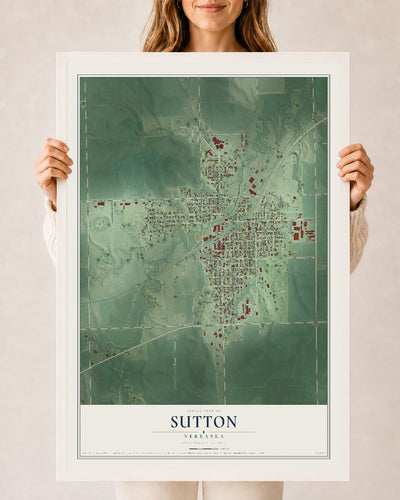 Map of Sutton, Nebraska, 24 x 36 inch print in a white wood frame