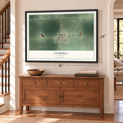 Tamora, Nebraska map, 24 x 36 inch print in a black frame above a dresser by a staircase