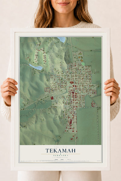 Map of Tekamah, Nebraska, 18 x 24 inch print in a white wood frame
