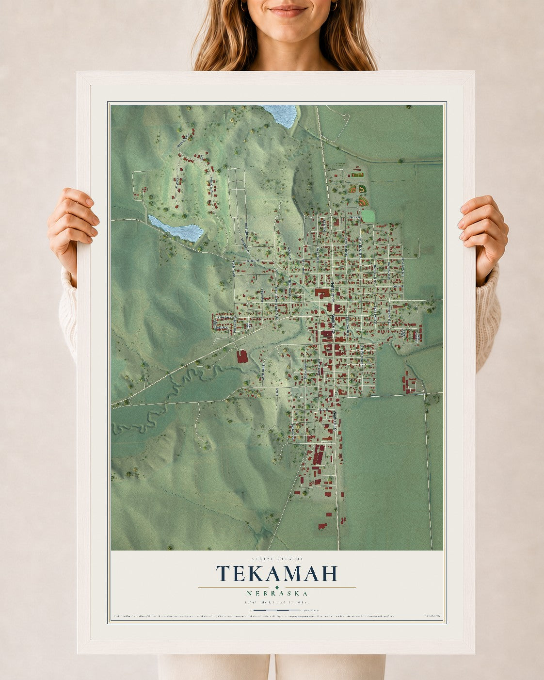 Map of Tekamah, Nebraska, 24 x 36 inch print in a white wood frame