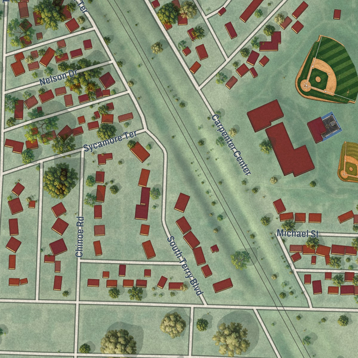 Close-up of the map of Terrytown, Nebraska print showing street and building detail