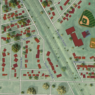 Close-up of the map of Terrytown, Nebraska print showing street and building detail