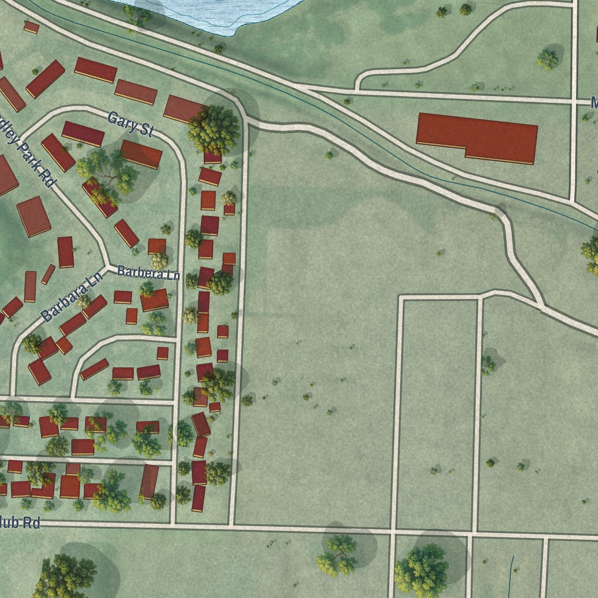 Second close-up of the map of Terrytown, Nebraska print showing more streets and buildings
