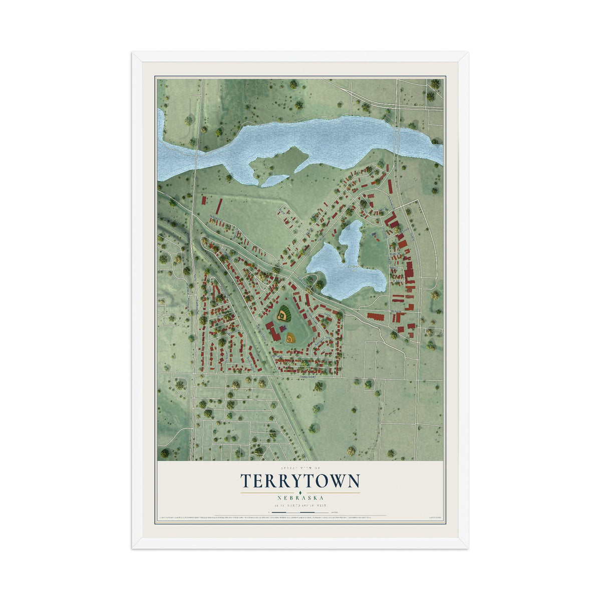 Map of Terrytown, Nebraska, 12 x 18 inch print in a white wood frame