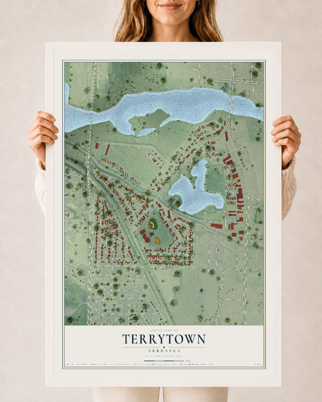 Map of Terrytown, Nebraska, 24 x 36 inch print in a white wood frame