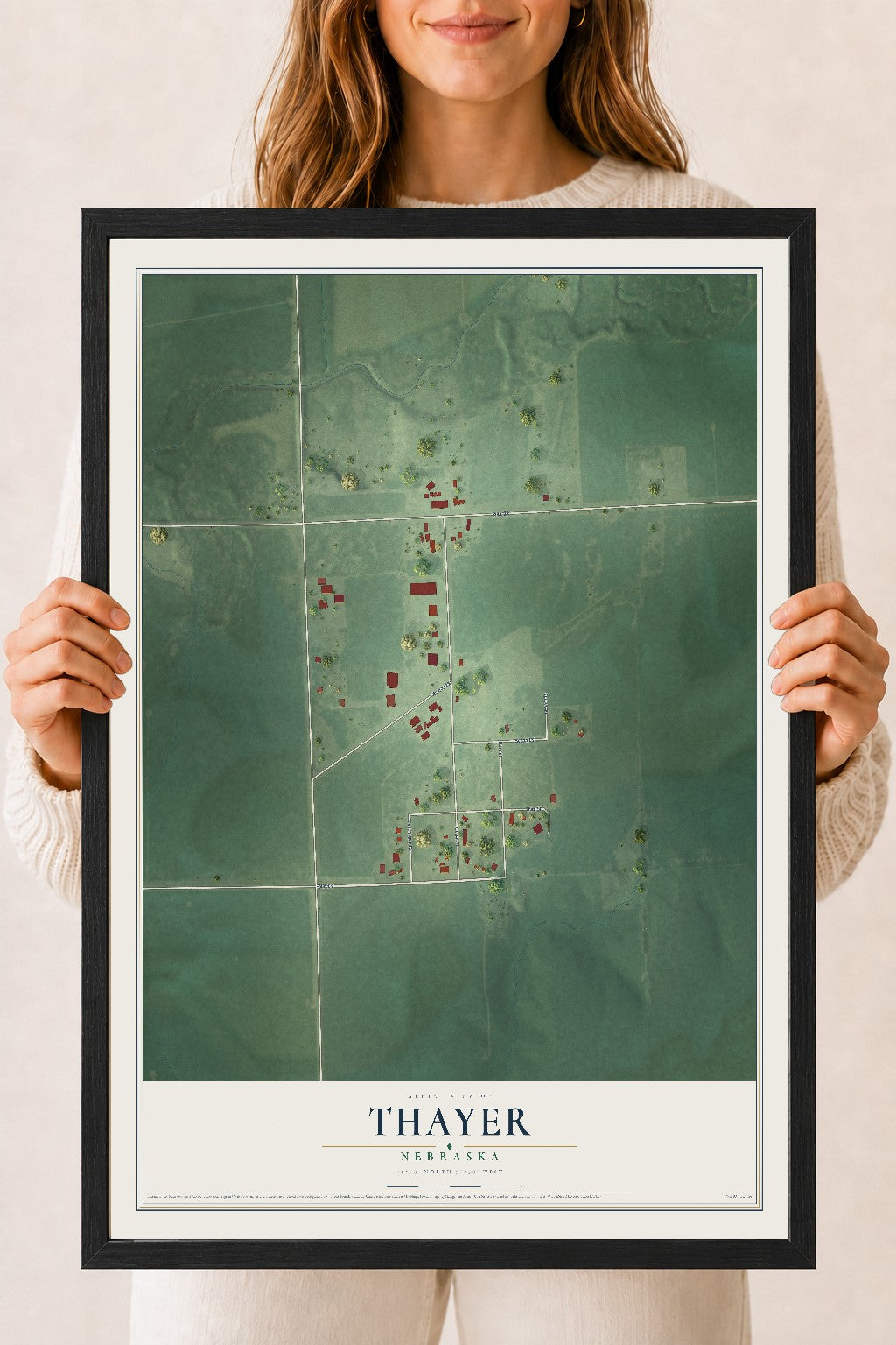 Map of Thayer, Nebraska, 18 x 24 inch print in a black wood frame