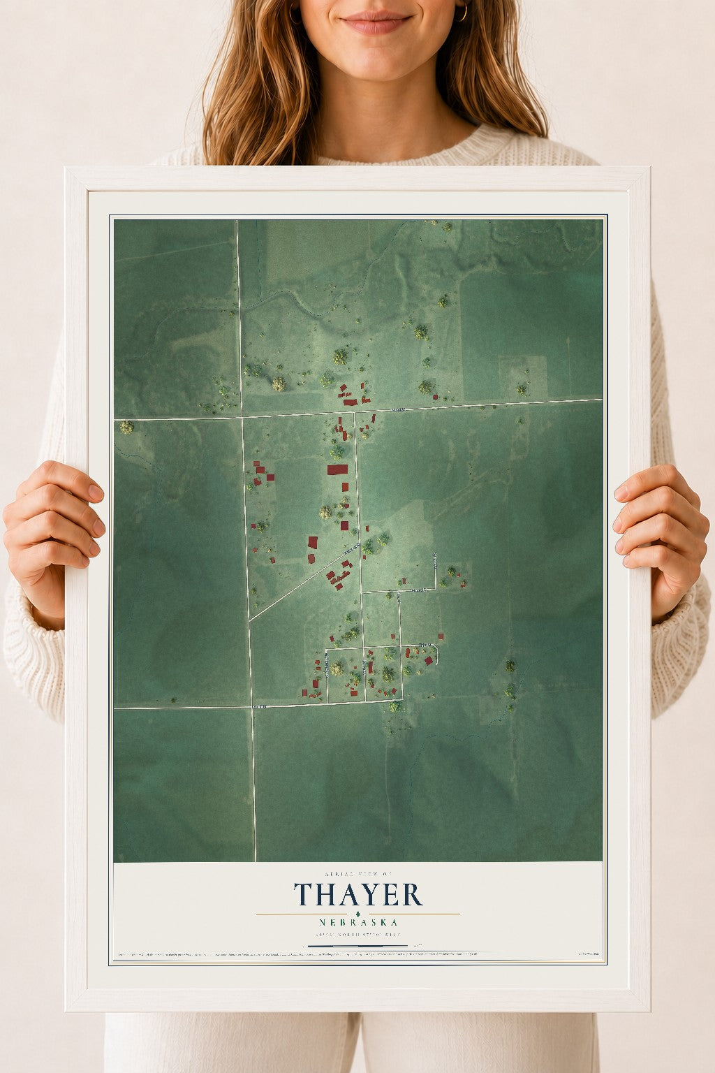 Map of Thayer, Nebraska, 18 x 24 inch print in a white wood frame