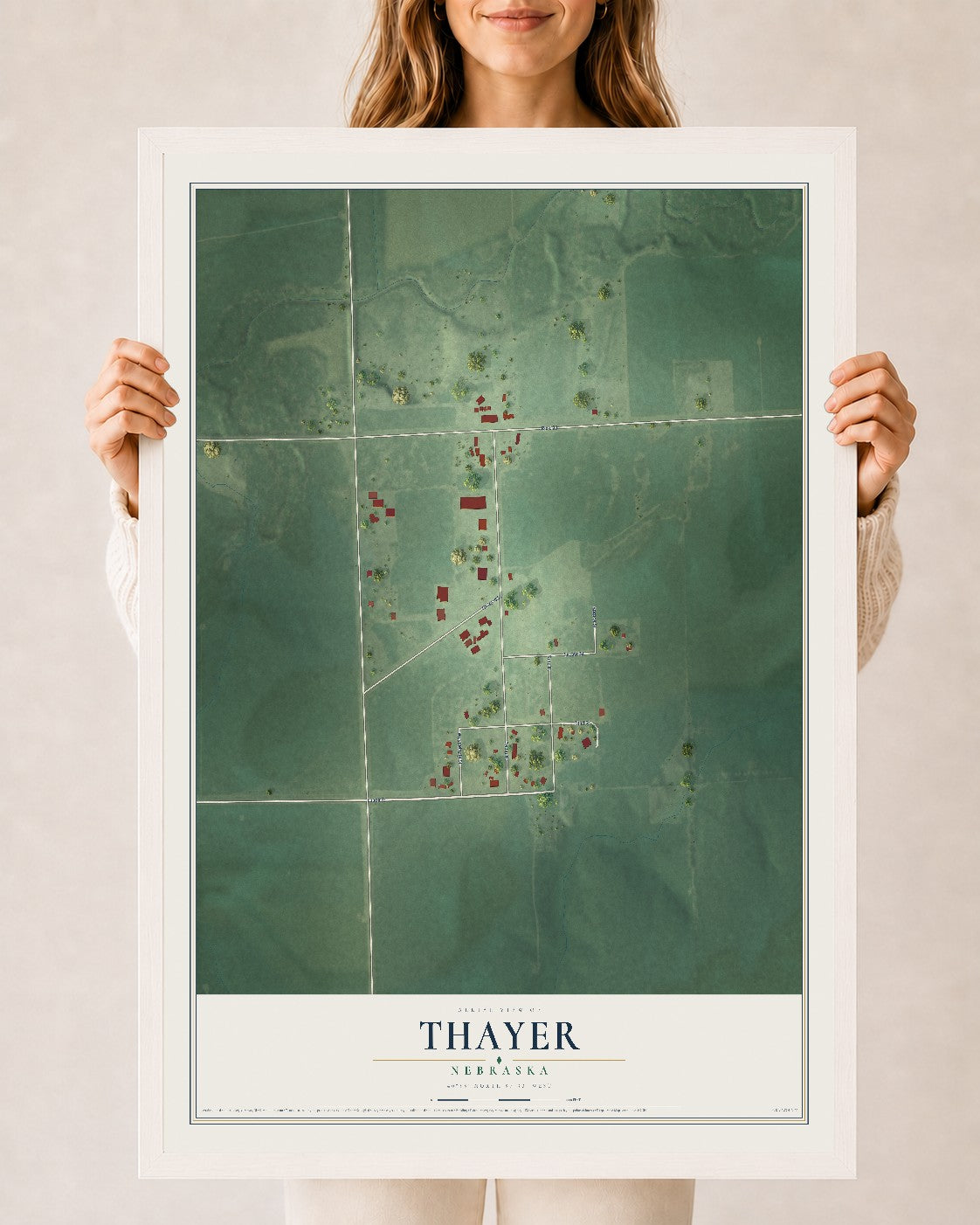Map of Thayer, Nebraska, 24 x 36 inch print in a white wood frame