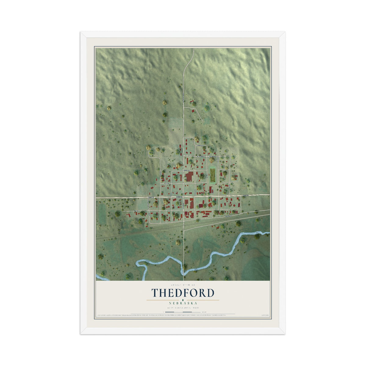 Map of Thedford, Nebraska, 12 x 18 inch print in a white wood frame