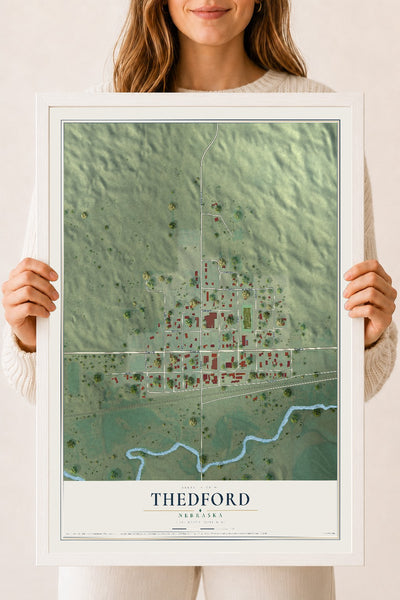Map of Thedford, Nebraska, 18 x 24 inch print in a white wood frame