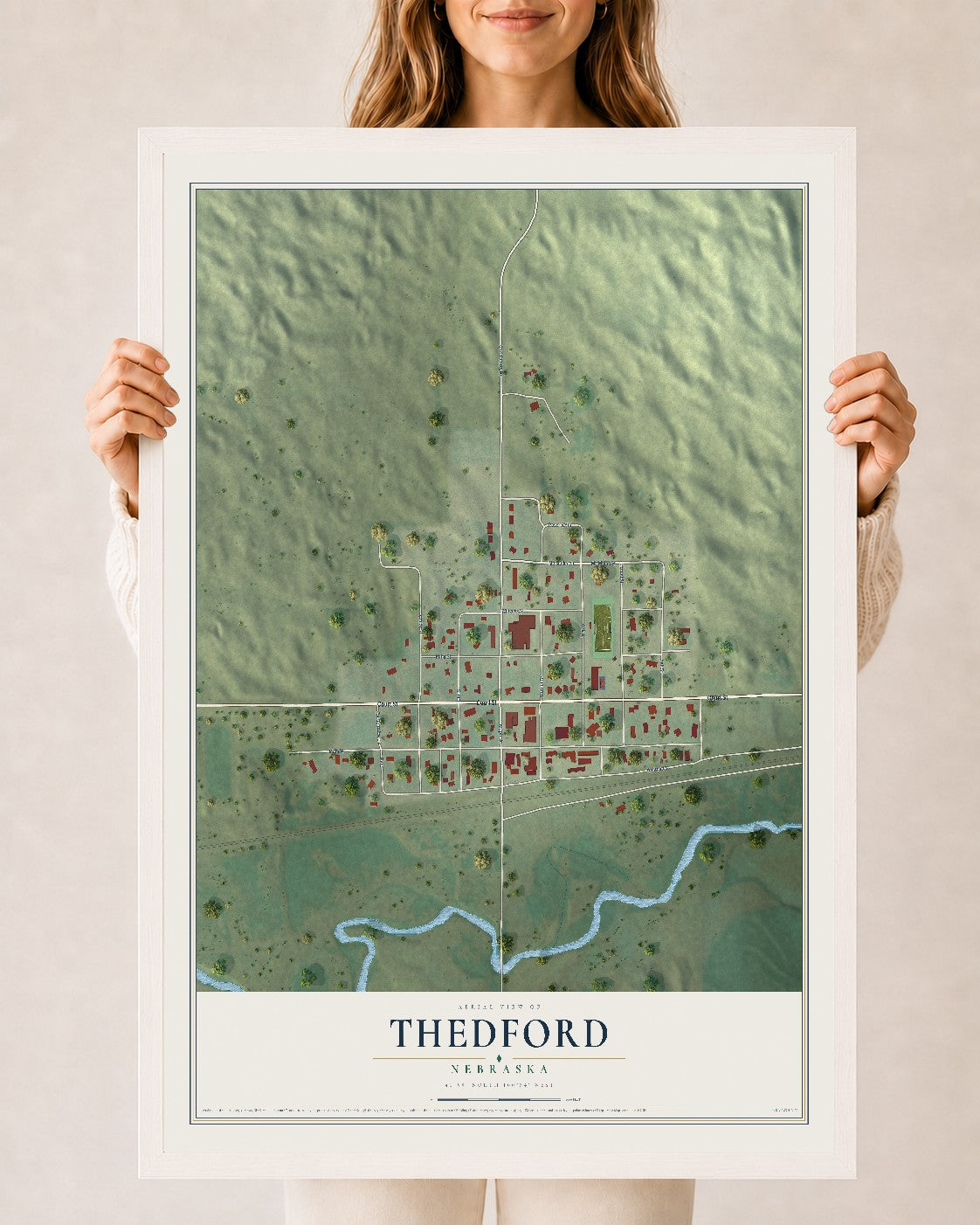 Map of Thedford, Nebraska, 24 x 36 inch print in a white wood frame