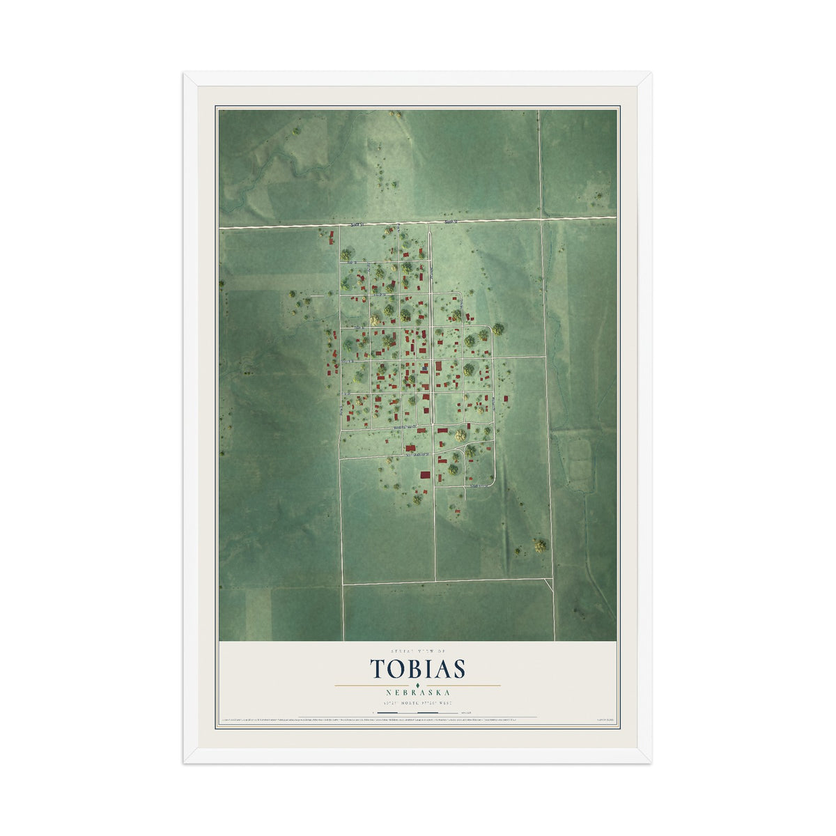 Map of Tobias, Nebraska, 12 x 18 inch print in a white wood frame