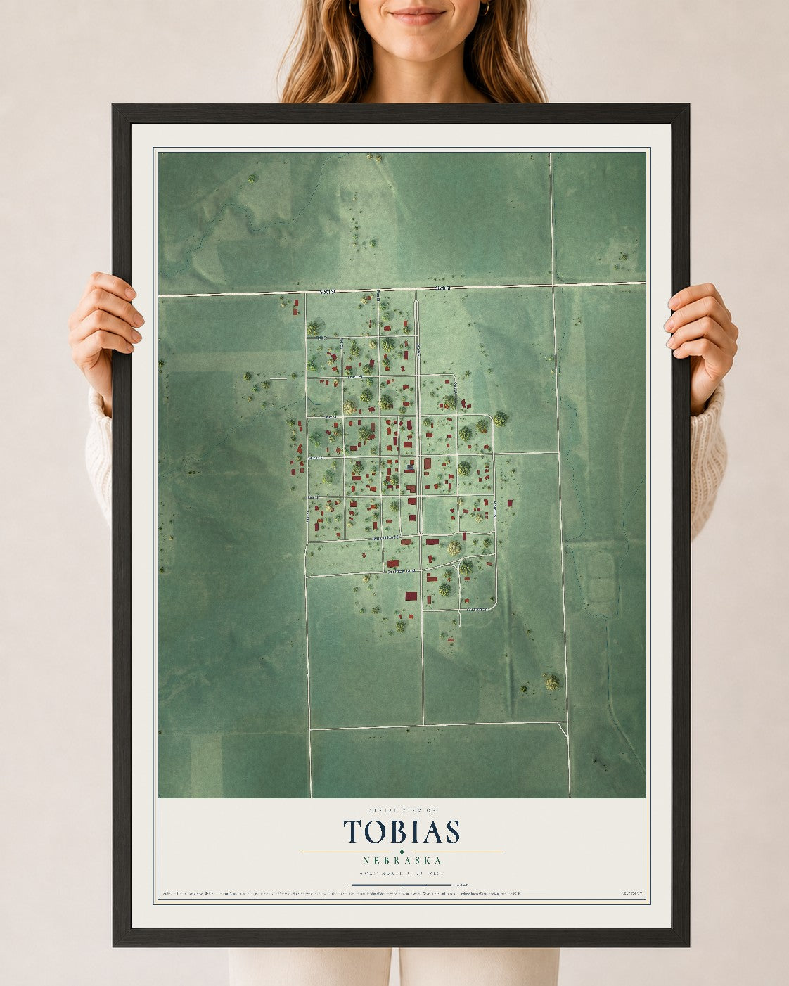 Map of Tobias, Nebraska, 24 x 36 inch print in a black wood frame