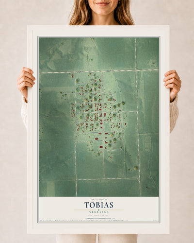 Map of Tobias, Nebraska, 24 x 36 inch print in a white wood frame