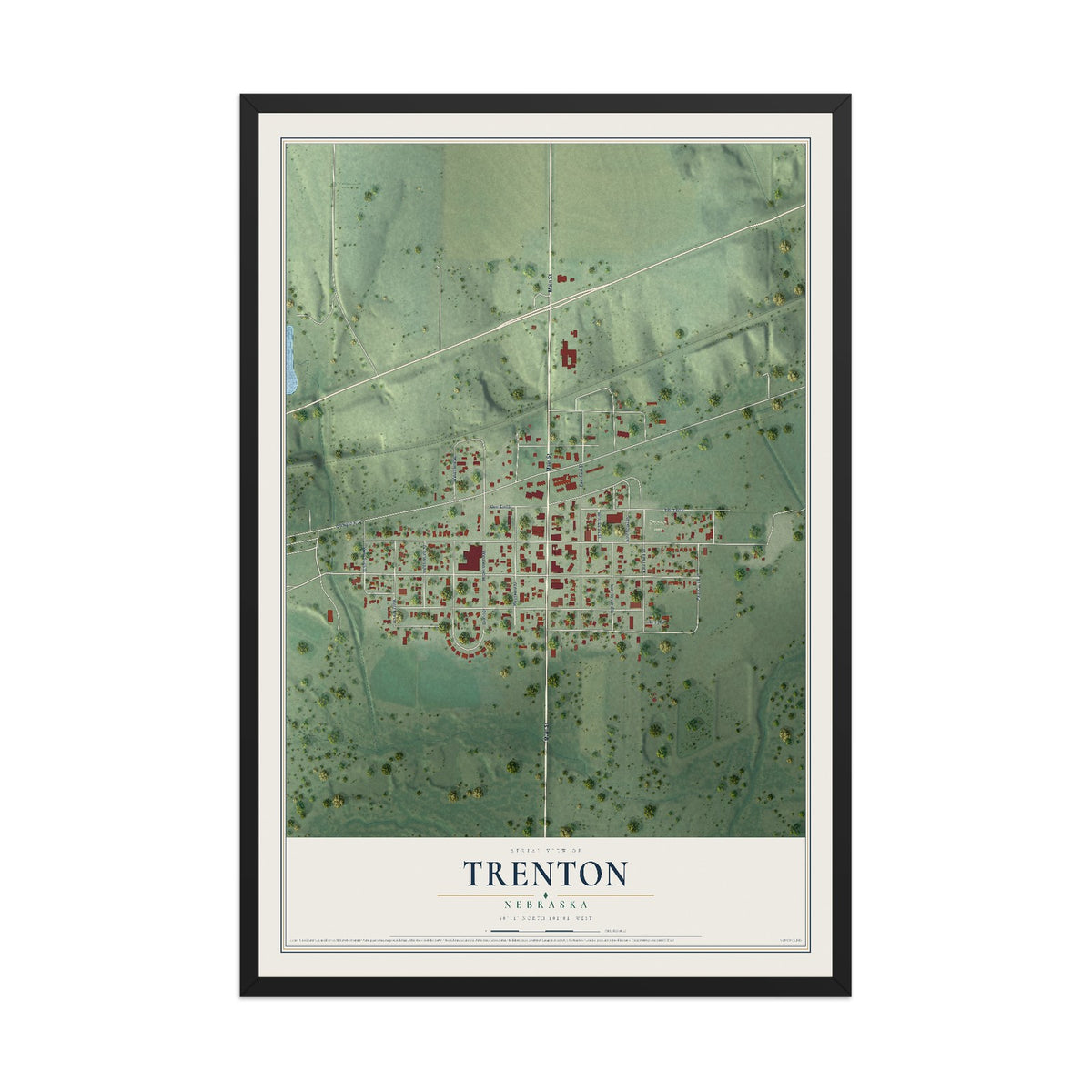 Map of Trenton, Nebraska, 12 x 18 inch print in a black wood frame