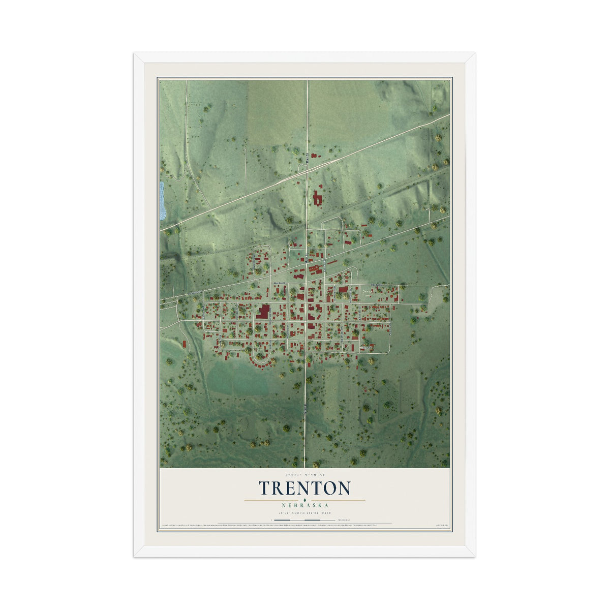 Map of Trenton, Nebraska, 12 x 18 inch print in a white wood frame